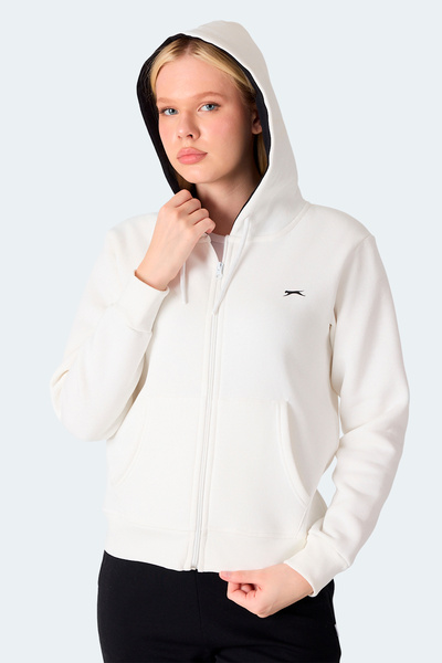 Slazenger Milio I Women's Zippered Hooded Pocket Ecru Sweatshirt