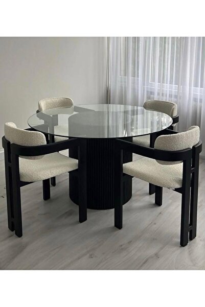 larissa design MASA TAKIMI 4 KİŞİLİK 110 ÇAP CAM MASA AHŞAP AYAK