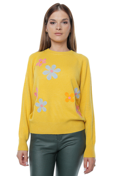 Jolenttine Pulover floral din amestec de cașmir și lână, muștar