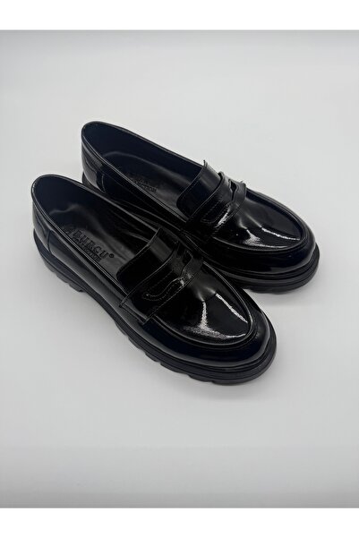 BURCU COLLECTİON Aden Thick Sole Black Patent Leather Loafer