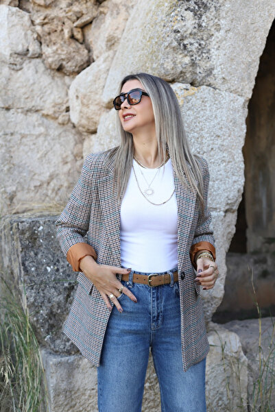 bytugcekaya Mustard Lined Houndstooth Blazer