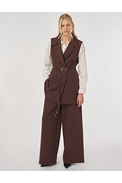 Kayra Leather Threaded Belt with Detail Ye Vest Set Current Dark Brown 16054
