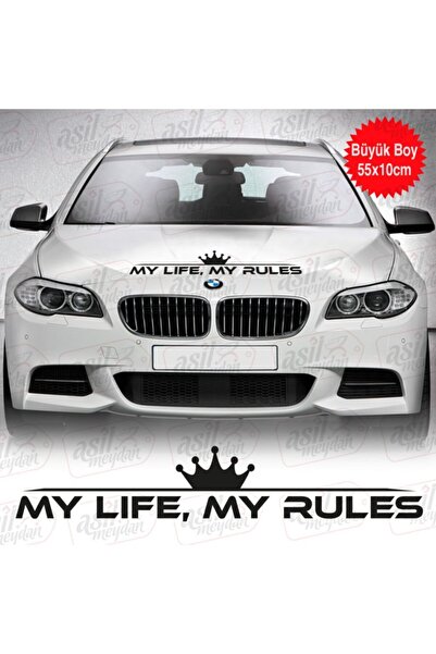 EYBA STİCKER My Life، My Rules ملصق أسود كبير الحجم للزجاج الأمامي، سيارة، مل...