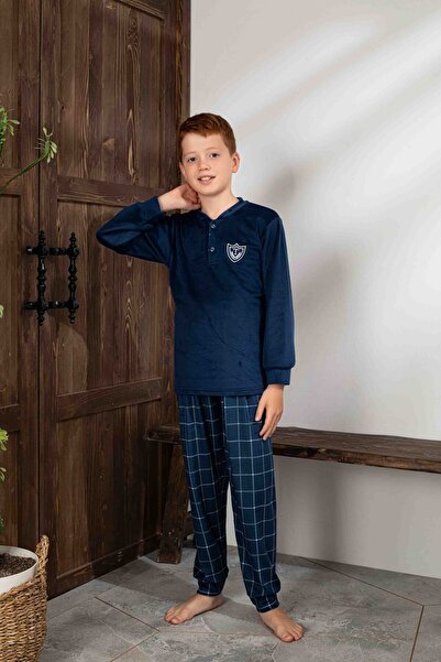 Tarık Men's Indigo Plaid and Square Pattern Long Sleeve Father-Son Velvet Fabric Winter Warm Pajama Set