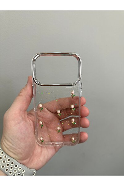 YZGOLDEN iPhone 17 Pro Compatible Rose Patterned Transparent Glitter Silver Camera Protruding Shiny Cover