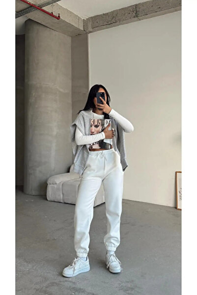 ZENGEZUR MALL Sptrns 3 Thread Fleece-Lined Leg Elasticated Tracksuit White İs001 (204241) (Size: m)