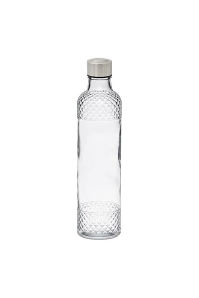 OEM Transparent water bottle, made of glass with embossed pattern, stainless steel cap – 1 L