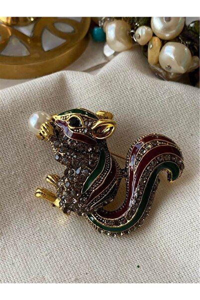 mos&more by mosev Bordo Yeşil Taşlı Sincap Broş