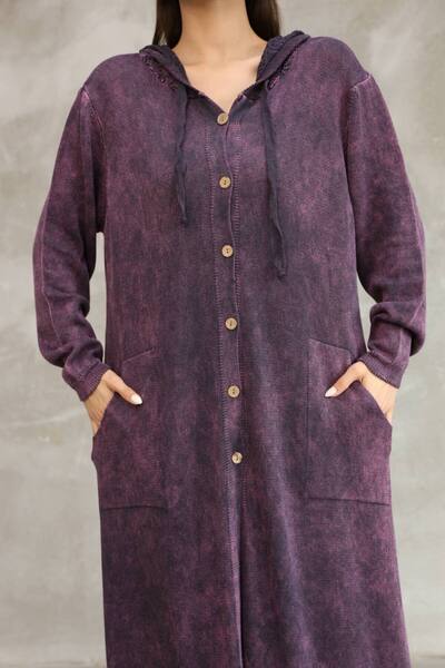 AYASOFYA OTANTIK Women's Purple Hooded Back Embroidery Detailed Buttoned Vintage Loose Cotton Knitwear Long Cardigan Cap