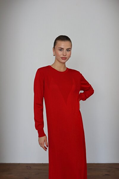 ilmek 25015 Women's V Pattern Knitted Premium Anti-Pilling Knitwear Long Dress Red