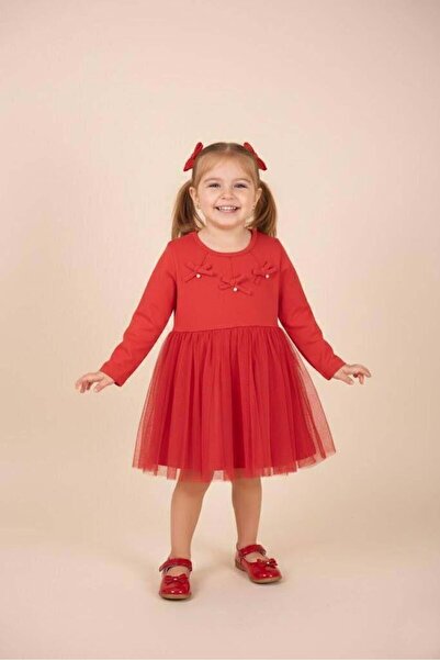 Breeze Fiyonklu Tüllü Elbise - Kırmızı