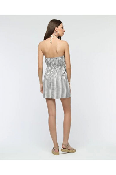 ZENGEZUR MALL Sptrns Belted Striped Mini Linen Dress Gray (202442) (Size: S)