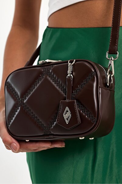 Hüvendo Small Size Embroidery Detailed Crossbody Cross Strap Women's Shoulder Bag Brown