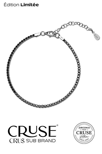 Cruse 925 Ayar Gümüş Siyah Taşlı Su Yolu Bileklik 18 Ayar Beyaz Altın Kaplama