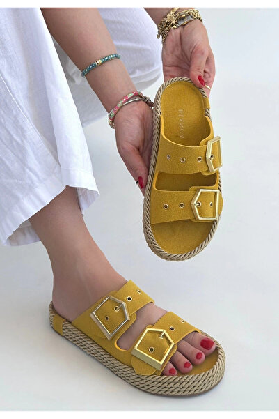 ZENGEZUR MALL Sptrns Loera Yellow Nubuck Double Buckle Slippers (203330) (Size: 37)