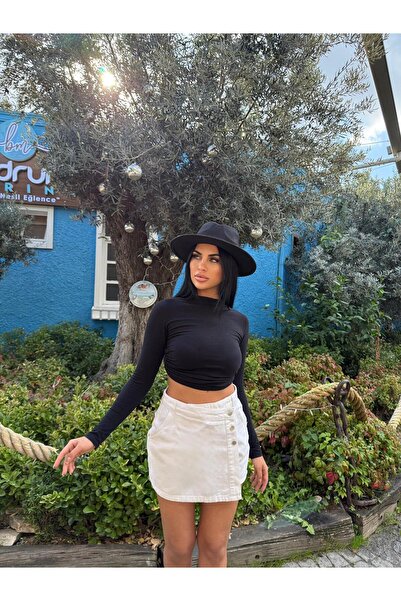 aytenli Yüksek Bel Ön arka Cepli High Quality Style Çift Kapamalı Asimetrik Bermuda Denim Şort Etek