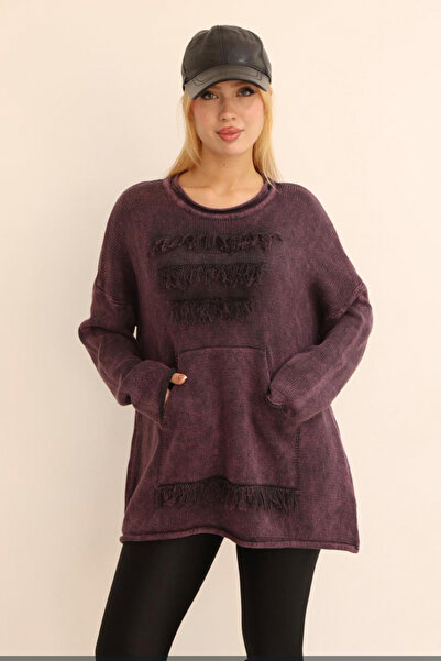 AYASOFYA OTANTIK Women's Purple Round Neck Tassel Detail Kangaroo Pocket Long Sleeve Distressed Loose Cotton Knitwear Sweater