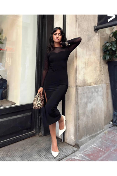 ZENGEZUR MALL Sptrns Women Tulle Detailed Midi Length Slit Dress Black (202422) (Size: S)