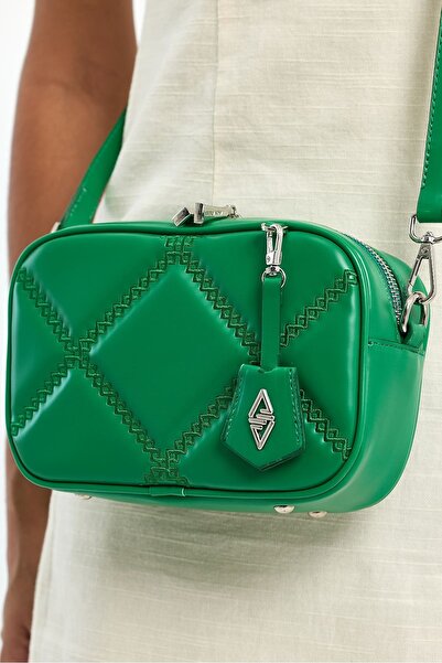 Hüvendo Small Size Embroidery Detailed Crossbody Cross Strap Women's Shoulder Bag Grass