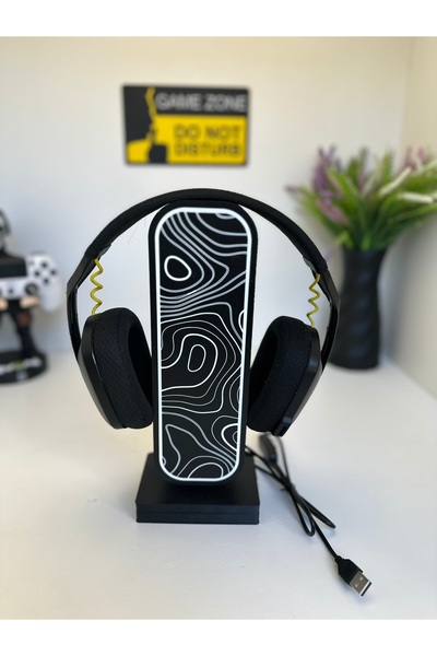 Butik 3d Baskı Siyah Beyaz Topografi Tasarımlı Ledli Kulaklık Tutucu