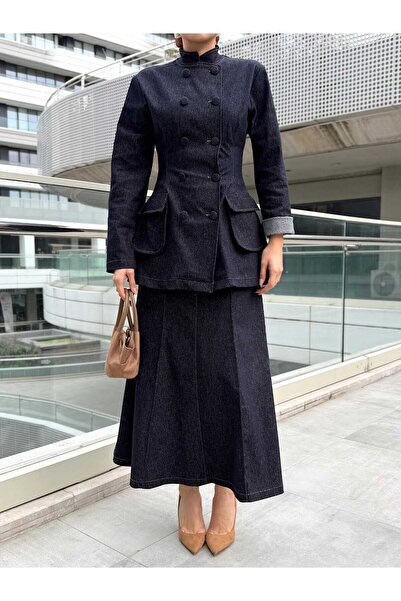 Julidress Dark Navy Button Detailed Blazer Jacket and Maxi Long Skirt Bottom Top Premium Denim Set