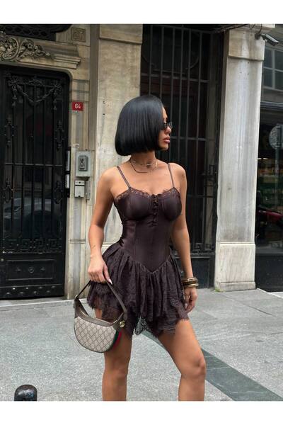 Bak'ap Premium Trend Lace Detailed Satin Corset Mini Strap Jumpsuit Dress