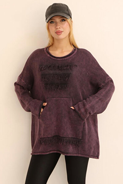 AYASOFYA OTANTIK Women's Purple Round Neck Tassel Detail Kangaroo Pocket Long Sleeve Distressed Loose Cotton Knitwear Sweater