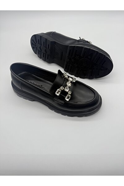 BURCU COLLECTİON Amaya Black Loafer with Thick Sole and Stone Accessory Detail