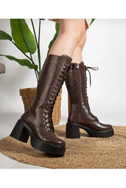 ZENGEZUR MALL Sptrns Guay Brown Leather Lace-Up Heeled Boots (202906) (Size: 36)