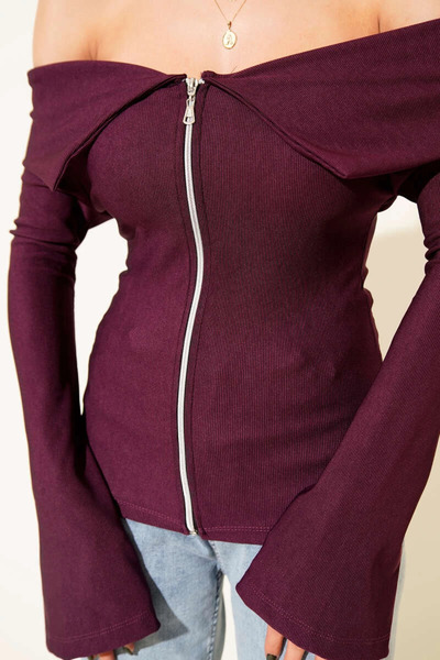ZENGEZUR MALL Sptrns Open Shoulder Zipper Blouse Plum T4330 (202832) (Size: S)