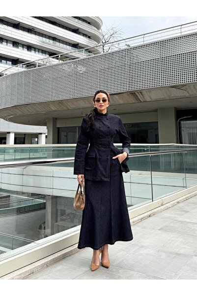 Julidress Dark Navy Button Detailed Blazer Jacket and Maxi Long Skirt Bottom Top Premium Denim Set