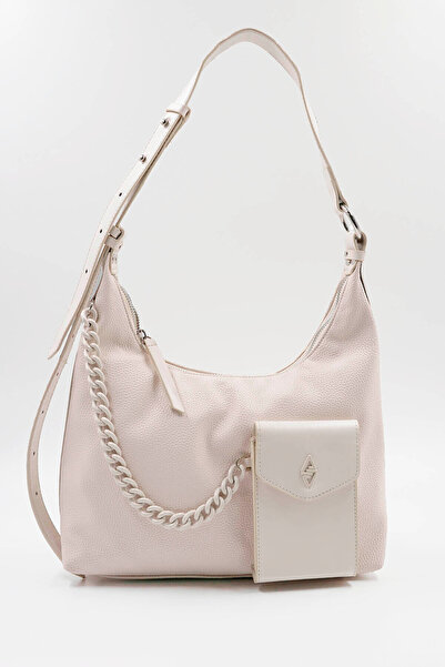 Hüvendo Women's Casual Shoulder Bag with Chain and Front Pocket Detail Adjustable Strap Beige