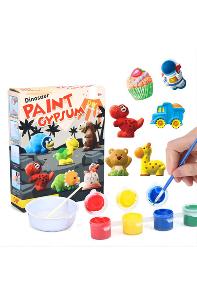 Soli Set pictura si mulaj cu 6 figurine din ipsos de colorat, model Dinozauri, cu 6 culori