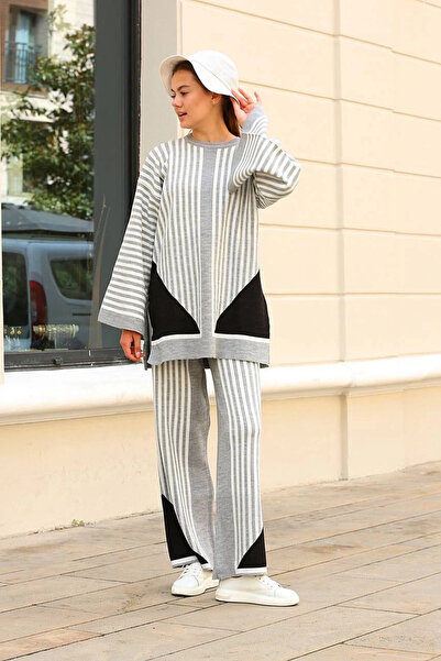 ZENGEZUR MALL Sptrns Striped Crew Neck Knitwear Set Gray (203130) (Size: Standard)