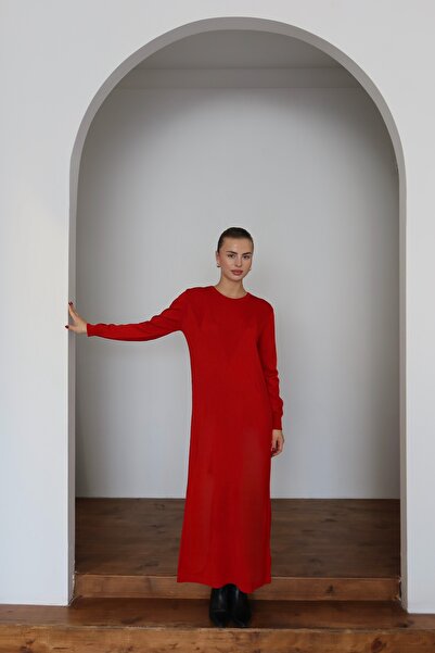 ilmek 25015 Women's V Pattern Knitted Premium Anti-Pilling Knitwear Long Dress Red