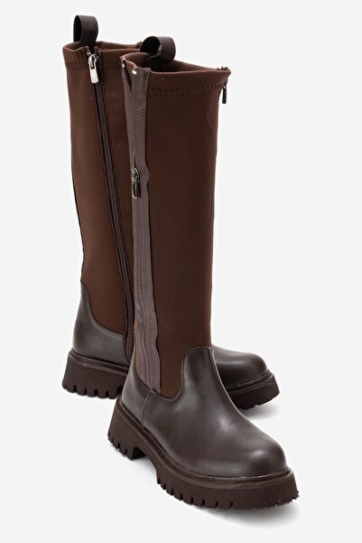 CCWAY AYAKKABI Kadın Çift Fermuarlı Streçli Çizme KAHVE CİLT