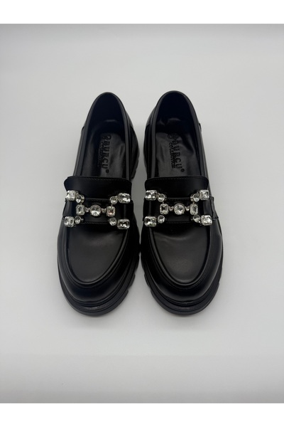 BURCU COLLECTİON Amaya Black Loafer with Thick Sole and Stone Accessory Detail