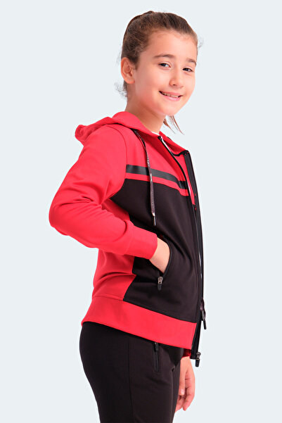 Slazenger Noon Unisex Children's Zippered Hooded Pocket Black / Red Tracksuit Set