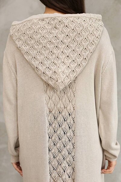 AYASOFYA OTANTIK Women's Beige Hooded Back Embroidery Detailed Buttoned Vintage Loose Cotton Knitwear Long Cardigan Cap