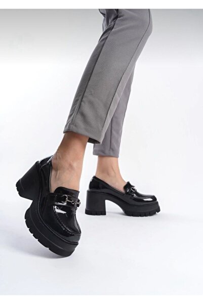 dabab shoes Chonora Women's Black Patent Leather Chain Detailed Thick Sole Heeled Loafer