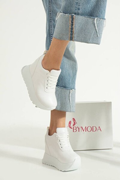 Bymoda New Season White Hidden Wedge Heeled Sports Shoes Total Height 10 cm