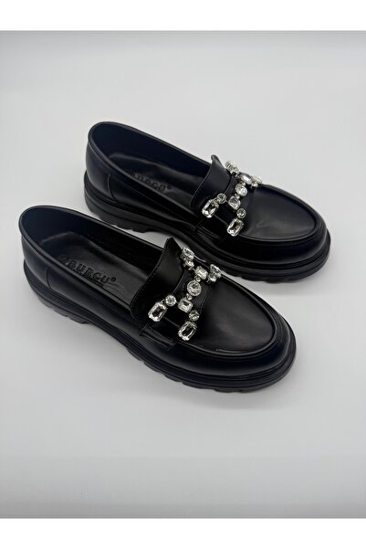 BURCU COLLECTİON Amaya Black Loafer with Thick Sole and Stone Accessory Detail
