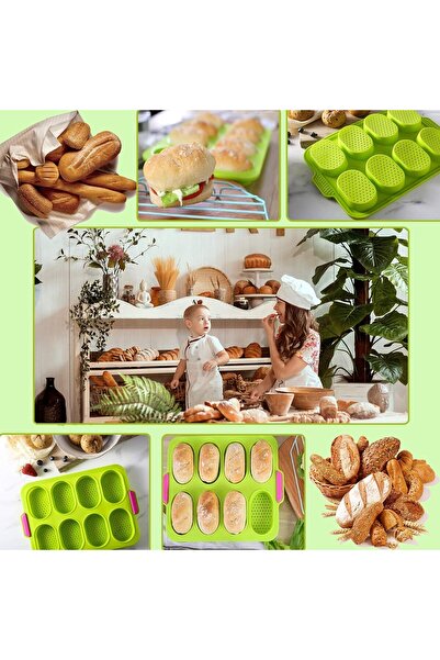 Flippy silicone baking molds, 8 oval cavities, for bread and cakes, 34.5 x 23.8 x 2.5 cm, Green/Pink