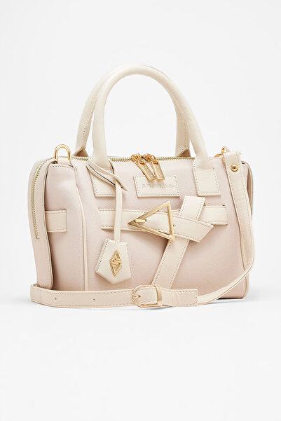 Hüvendo Belt Buckle Detailed Medium Size Long Strap Women's Daily Hand and Shoulder Bag Beige