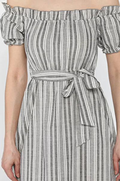 ZENGEZUR MALL Sptrns Madonna Collar Midi Slit Belted Linen Dress Gray (202439) (Size: S)