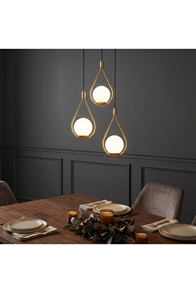 MOİRA 3'lü Salkım Damla Avize Yuvarlak Tepsi Altın Metal,Beyaz Camlı Salon E2...