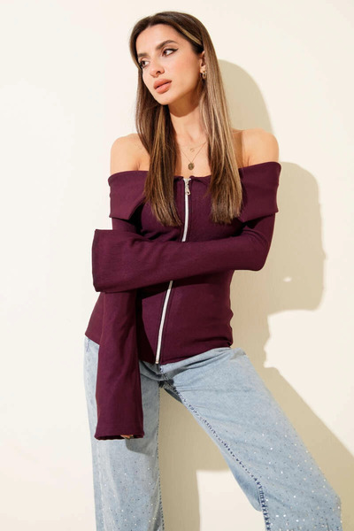 ZENGEZUR MALL Sptrns Open Shoulder Zipper Blouse Plum T4330 (202832) (Size: S)