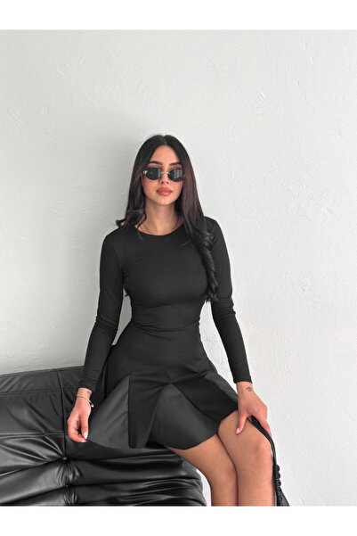 ZENGEZUR MALL Sptrns Skirt Flared Crepe Mini Dress S1267 Black (202428) (Size: L)