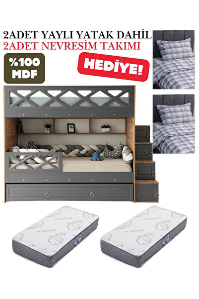 miracool Mars Ranza / %100 MDF / 2 Adet Bambo Yaylı Yatak / 2 Adet Nevresim T...
