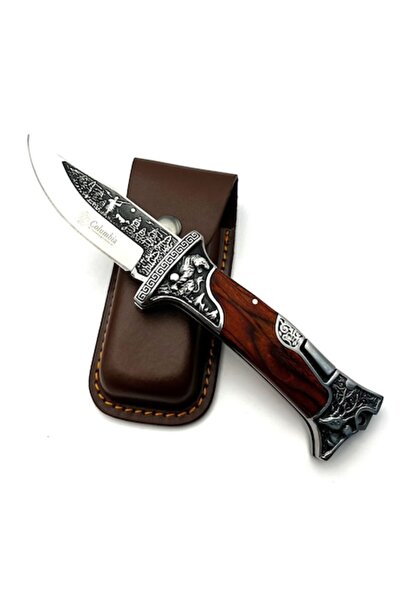 Ems Knife with engraving on the handle and blade with leather sheath, 23cm manual opening